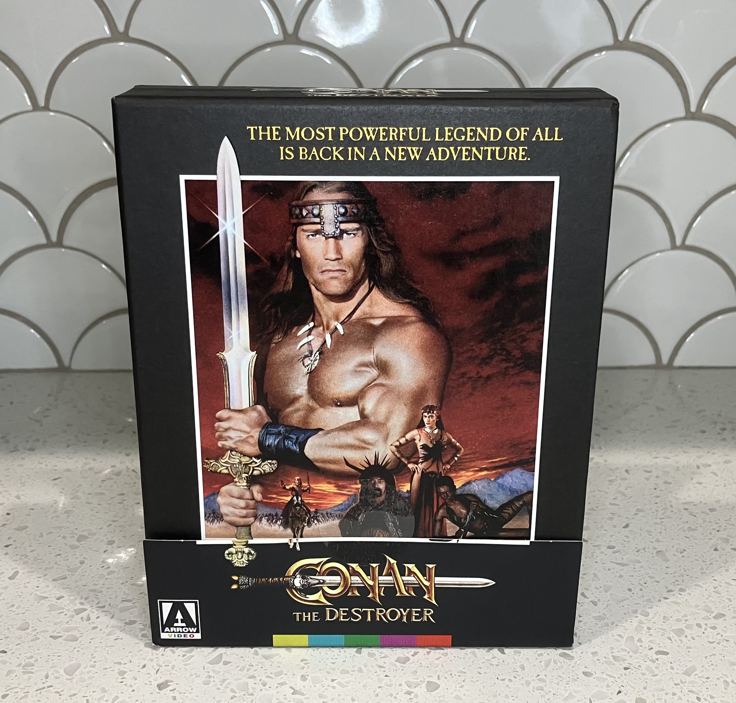 Conan the Destroyer limited edition 4k Ultra HD Box Set with Arold Schwarzenegger on the cover holding a sword